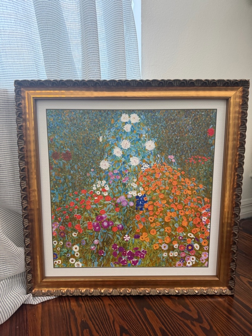 Gustav Klimt “Cottage Garden” texture print heavy gold brass color frame 22x22”